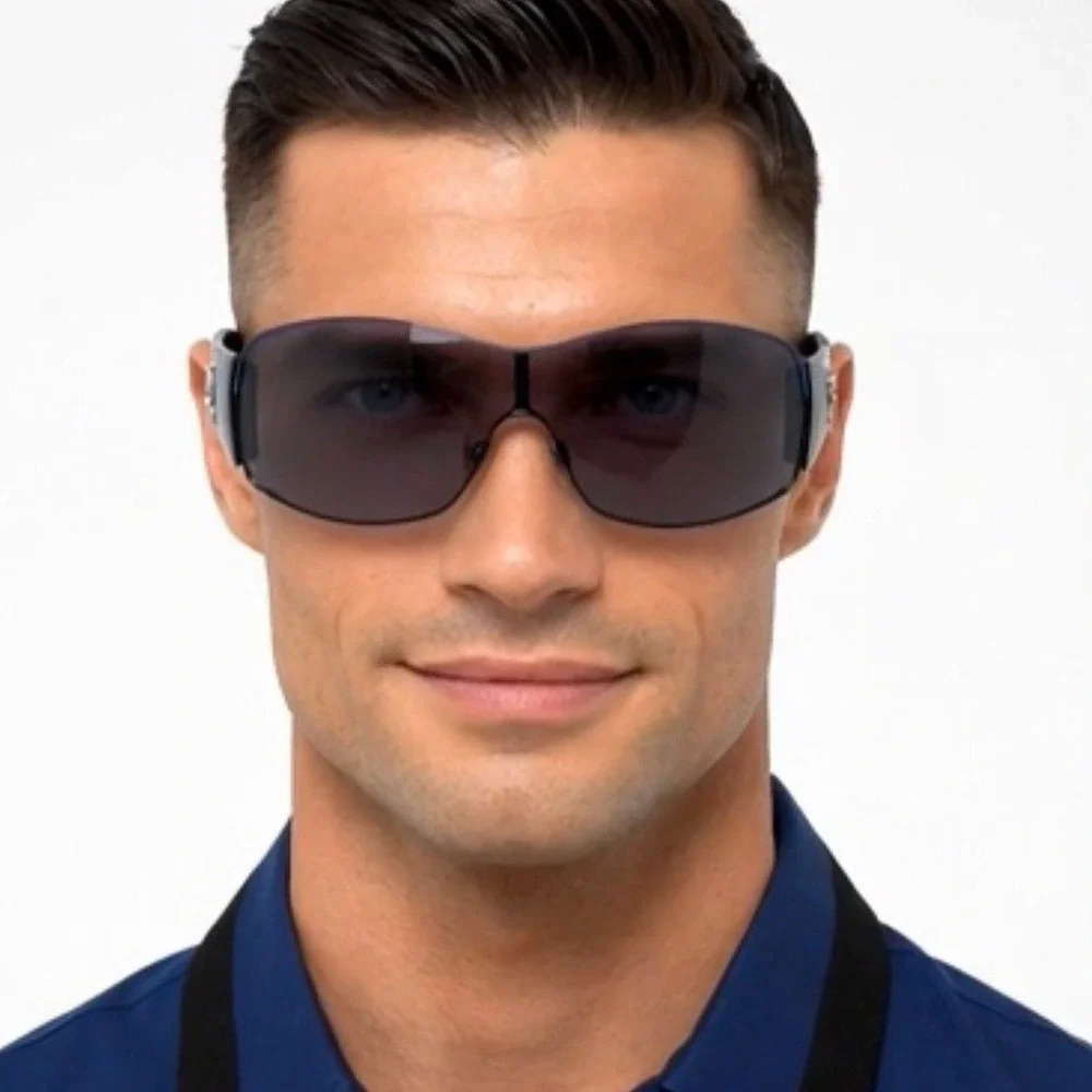 Sunglasses Men Sports UV400 Protection Single Lens Metal Khan Blue Dark Lens New